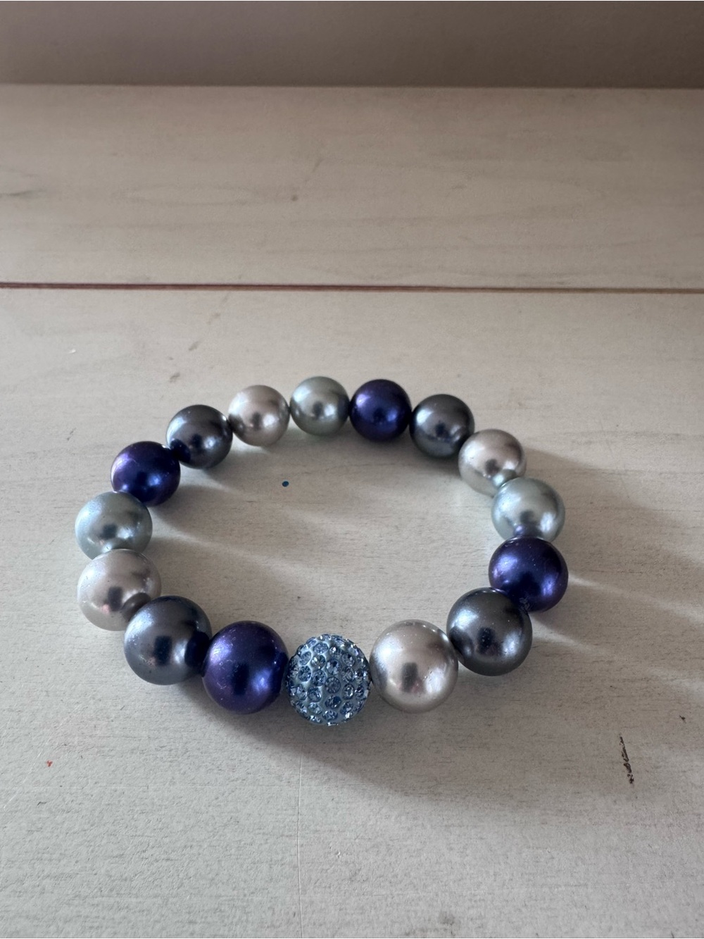 Mixed Pearl-Style Blue & Silver Stretch Bracelet with Blue Crystal Accent